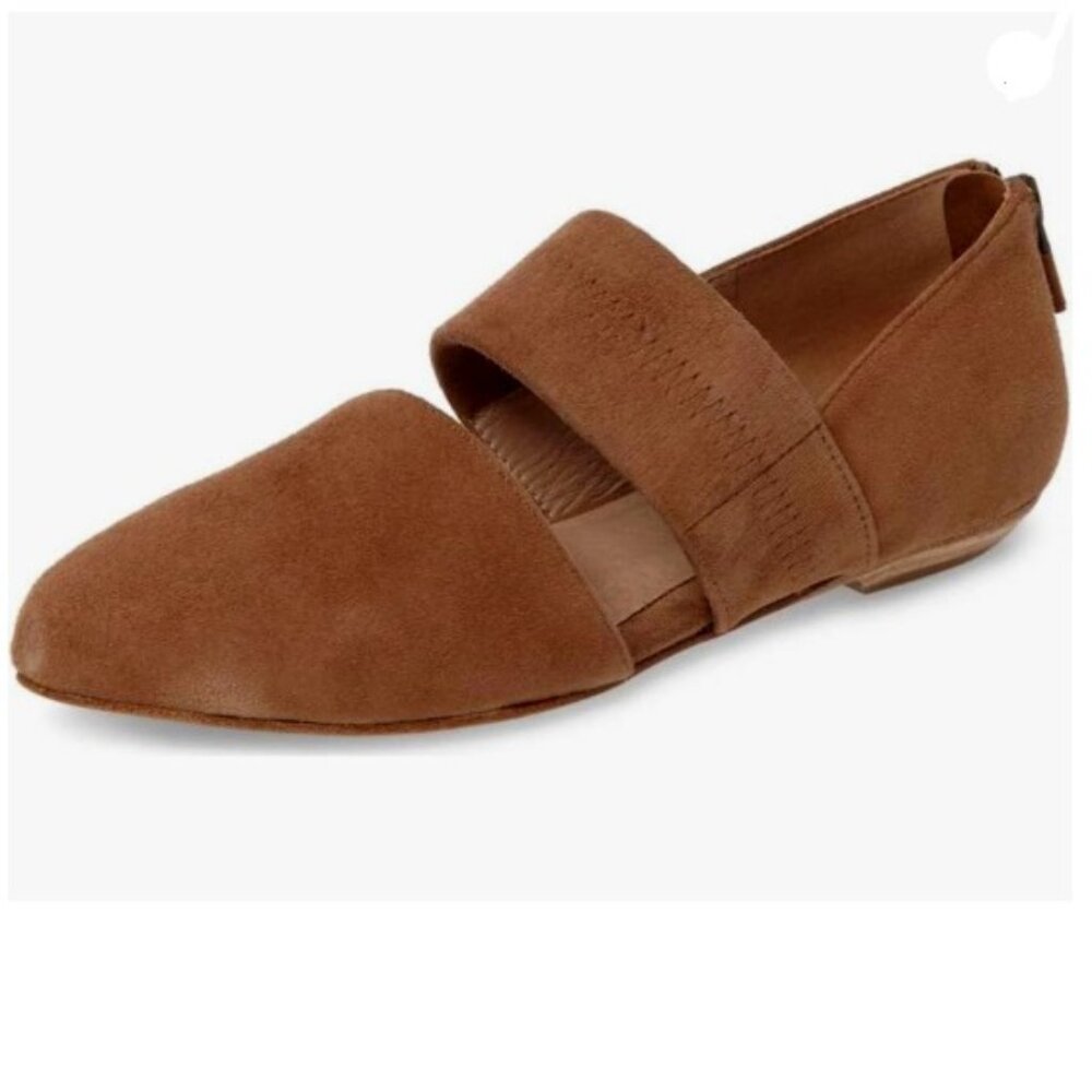 YDN Brown Mary Jane Pumps Pointy Toe Elastic Strap D'Orsay Zipper Ballet Flats